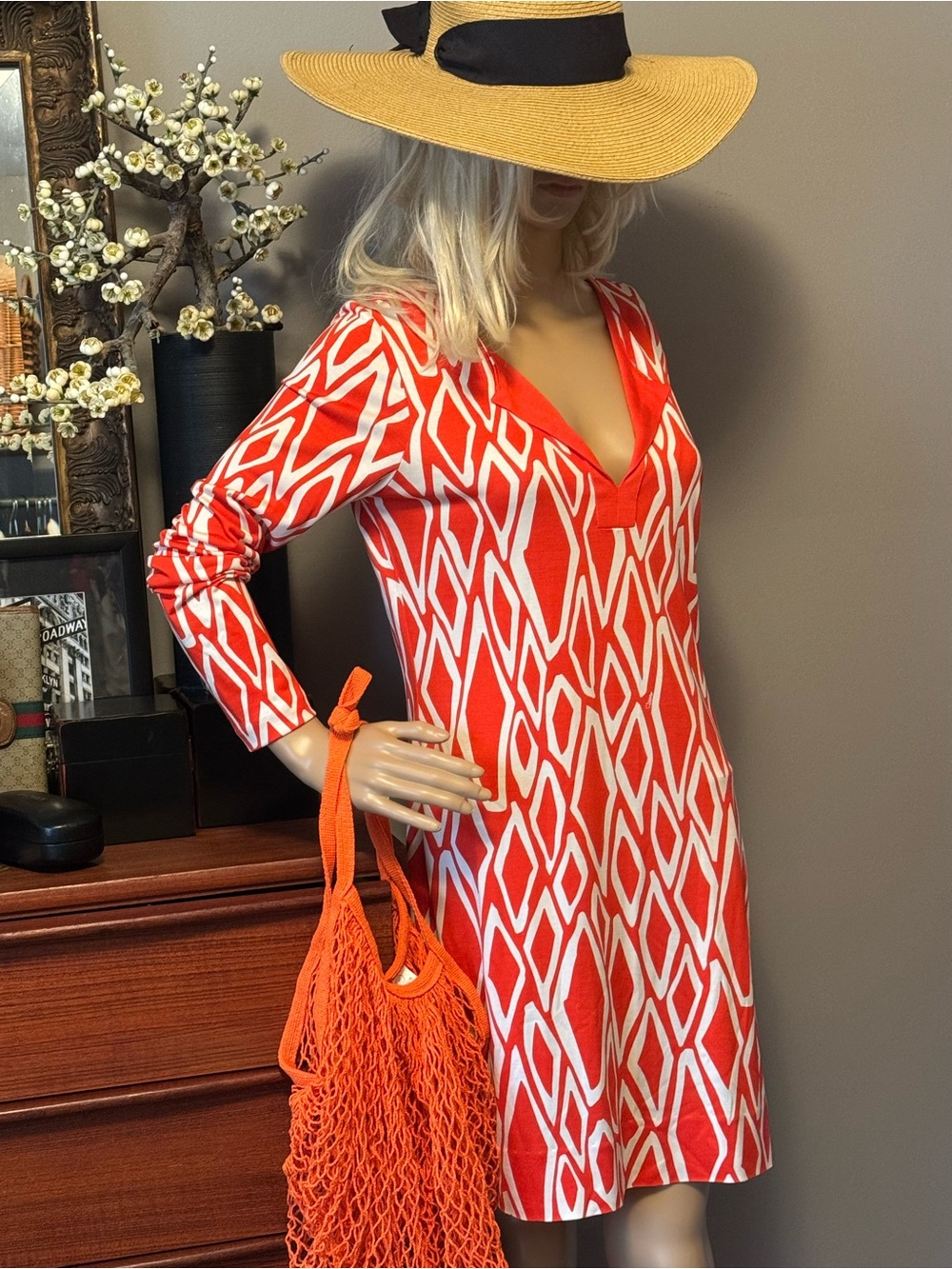 Diane Von Furstenberg Orange & White Long-Sleeve V-Neck Silk Geometric Dress